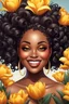 Placeholder: Create a abstract cartoon art style image of a curvy black female looking down with a smile on her face. Prominent makeup with hazel eyes. Highly detailed messy curly bun with a hair scarf on her head with large yellow tulip flowers surrounding her. 2k