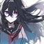 Placeholder: Clear focus, High resolution, rough line sketch art, long black hair, hair between eyes, fluffy hair, purple eyes, wearing a black and red sailor uniform, dark aura, 1girl