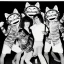 Placeholder: 1980s photo of new year's party alien monkey with dancing cats happy