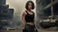 Placeholder: ducking beautiful slender caucasian female technician with a knife, looking away from camera, black tank top, well toned muscles, weathered face, scratched sand camo metal details, short brunette wavy bob haircut, dystopian, postapocalyptic city scene with smoke and explosions. giant satelite dish in the background