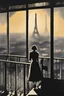 Placeholder: Movie poster. Set in the 1950. A woman overlooking Paris from here balcony, light rays coming to then fading to darkness. A man watching from behind her Text Just leave