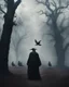 Placeholder: potrait horror vintage realistic cinematic horror mystical dark gothic crow humanoid,so many black birds crow flying and old high oak trees look like a live walk in in darkness heavy fog smoke horrible horror art visual