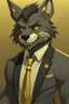 Placeholder: Buff anthro wolf himbo with black fur and gold eyes wearing a suit