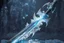 Placeholder: One fantasy greatsword that is slender, translucent blade made of ice. The hilt is made up of swirling vines, leading to a vibrant crystal at the pommel. With a black background behind it. HD