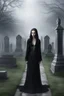 Placeholder: photorealistic slim woman looking like Drusilla in a cemetary with mist and crypts