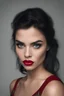 Placeholder: an extremely ugly abomination of a girl with great big pouty lips:1.5 and a humongous nose:1.5, wide set slanted soft blue eyes, extremely pointed chin, black hair, Wonder Woman, medium long shot, wide angle shot, full body image, head to toe, red lipstick