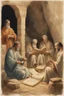 Placeholder: Several Christian priests of the 1st century AD are sitting in a cave and actively arguing and gesticulating, each holding a scroll of Ancient Scripture, many ancient scrolls are lying on a wooden table in front of them, everything is written in watercolor in high resolution, in 8k.