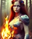 Placeholder: beautiful girl, muskulöser oberkörper, red long hair, corsage, smile, blue eyes, sehr große oberweite, kriegerin, im wald, nacht, lagerfeuer, fantasy art