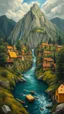 Placeholder: Bosch painting style nightmare, a river in a village all houses with cheese texture with a mountain of cheese and waterfall in it