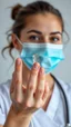 Placeholder: A nurse with a medical mask on her mouth holding an infection towards the camera