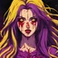 Placeholder: retro anime style,yellow and purple,Gore,Bloody,Gory,Disturbing,Depraved,Brutal,ghoul lady with long hair,Violent,Mind Unsettling,Disgusting,Vomit,Intestines everywhere,dismember,cannibalism,cannibalistic,mutilation,guts,meathooks,creepy