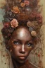 Placeholder: an abstract painting of rusted metal and flowers, heart filled with love African slave lady working so hard, rust, scaffolding, iron cladding, decay, mixed media, textured, anatomically correct, beautiful perfect face, sharp focus, highly detailed