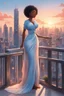 Placeholder: The scene opens onto a serene balcony overlooking a bustling city skyline. The sky above is painted in soft hues of blue and peach as the sun begins its descent, casting a warm glow over everything it touches. In the foreground stands a captivating figure, airbrush chibi cartoon curvy black woman exuding confidence and elegance. She is adorned in a flowing white knit maxi dress that hugs her curves in all the right places, accentuating her silhouette. Her choice of footwear is equally stunning