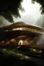 Placeholder: futuristic Iranian theatre, vernacular architecture, with no ground floor, void in the middle, in jungle of Alborz mountain ranges, wooden structure, sloped roof, wealth of flora, with dancing performance, fog and rain, light ray