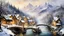 Placeholder: winter, 2d game scene, oil and watercolor painting, scenery, mediaeval town, river, bridges, steam, fog, mountain, tree, forest, (masterpiece:1.2), best quality