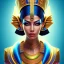 Placeholder: 3D close-up of a beautiful Egyptian pharaonic queen girl, sarcastic smile, high contrast, glowing backlighting, blue and red backlighting, vibrant hair, dark brown eyes, sharp focus, high makeup, face painting, background blur.