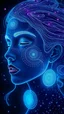 Placeholder: A celestial woman face void glowing with inner light from the depths of profound liquid neon. Her face skin doodle geometrical kusama and form are fragmented and transformed into a mesmerizing array of spiral formations: * Perfect **Fibonacci spirals** crafted from strands of pearlescent light form her nose bridge and eyebrows. * Tight **Archimedean spirals** unravel into the flowing rivers of her hair. * **Double Helix spirals** appear as her earrings and the patterns on her neck, symbolizi