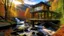 Placeholder: A modern glass and steel house built over a waterfall in the Appalachian Mountains during autumn, with colorful foliage, a light mist, and the sun setting.