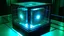 Placeholder: Cube tesseract from movie Loki. Tesseract should not be cropped. Located strictly in the middle of picture with navy blue/green glow inside tesseract. Without surface/table on which it stay.