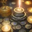 Placeholder: dynamic lighting, Intricately detailed, Splash screen art, deep color, Unreal Engine, volumetric lighting, silver coins, gold coins, silver treasure, stacked coins, indoors, candle, altar, black table,