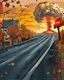 Placeholder: town street with a nuclear explosion in the distance, autumn colors, leaves falling on street, leaves falling in foreground, light source is the nuclear explosion, yellow orange brown pallet, very low vantage point, digital painting