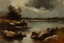 Placeholder: Cloudy day, lake, rocks, begginer's landscape, 2000's sci-fi movies influence, willem maris impressionism paintings