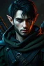 Placeholder: young male elven ranger, black & green leather, black hair, silver eyes, short trimmed beard, slim vertical laceration over right eye, 8k resolution, dark fantasy concept art, as on Deviantart, dynamic lighting, hyperdetailed, intricately detailed, trending on Artstation, deep color, Unreal Engine, volumetric lighting, complementary