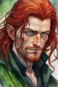 Placeholder: dnd, fantasy, watercolour, large strokes, stylistic, portrait, illustration, dull colours, male, face, narrow long face, weathered face, green eyes, determined, smiling, red hair, very long hair streaming down the shoulders, lush hair, radiating light, five o'clock shadow, elegant, short small mouth