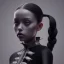 Placeholder: Celebrity Jenna ortega, black make up, wednesday black dress, wednesday hair, addams family wednesday style, hyper detail, octane render, unreal engine 5, photorealistic, 8k resulation