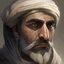 Placeholder: Arab warrior, hooked nose, grey beard, brown eyes, short hair, short moustache, detailed skin, fantasy, turban, sad
