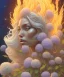 Placeholder: white hydrangea flowers, mandrake roots, mandrake root hands, platinum blonde woman on fire, psychedelic, intricate, elegant, highly detailed, background fire sky, digital painting, artstation, concept art, smooth, sharp focus, illustration, head shot, close up, art by artgerm and greg rutkowski and alphonse mucha, symmetrical eyes, perfect eyes, blue eyes, staring at camera, eye contact