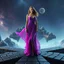 Placeholder: A breathtaking cosmic fantasy scene featuring a stunningly realistic beautiful woman with a perfect face and sculpted figure standing gracefully at the center of a floating CIFI town in deep space. She wears an elegant flowing gown in vibrant purple and pink hues that billow around her perfect form. The platform is constructed from dark cobblestone-like blocks arranged in a cross or star shape.