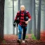 Placeholder: Georges st pierre with a red plaid shirt a jean and a backpack and a gun in a creepy forest carrying a gun in the belt