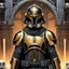 Placeholder: star wars bald male corellian pilot wearing pearlescent black and gunmetal grey First Order special forces heavy assault stealth commando armor and helmet with gold trim inside the jedi temple, hyperdetailed, dynamic lighting, hyperdetailed background, 8k resolution, volumetric lighting, light skin, fully symmetric details