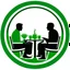 Placeholder: A circular logo with a special green border color, in the center of which are two people sitting around a table drinking coffee, and the cafe light above the table is on, in the space of a special and beautiful cafe.