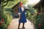 Placeholder: (in the style of Orion, by Masamune Shirow) A naturalistic, rustic photograph capturing a grown-up Pippi Longstocking in her late 30s. She stands confidently on the worn wooden deck of a colorful, slightly bohemian farmhouse resembling Villa Villekulla, nestled within a lush, sun-dappled garden bursting with climbing roses and overgrown greenery. Pippi retains her signature fiery red hair, now styled in two playful, slightly messy pigtails under a knitted beanie, and wears a charmingly cobbled-t