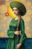 Placeholder: drawing in the style of Gustav Klimt's paintings, a woman in a frog princess costume, two long light braids, a green elegant dress with sleeves in the Russian style, the dress is embroidered with gold and green stones, on the head is a big kokoshnik embroidered with Russian patterns, in the background is an abstract background with imitation of circles on the water, not a realistic style, a fairy-tale style, bright colors, many details, bright light behind the figure of a woman