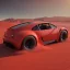 Placeholder: 3d rendering. futuristic red car. Buried in desert sand. Lost in Time, cinematic lighting