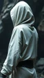 Placeholder: The creature from the the movie Prometheus with white hooded clothes looking behind