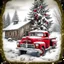 Placeholder: old vintage red Ford pickup truck with decorated Xmas tree in bed of the truck.. In the background is a weathered barn. Snow is falling. Mood is festive. "Take a little Xmas with where ever you go" is written on bottom.
