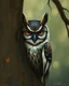 Placeholder: Bosch painting style, nightmare , a shy strange owl wearing a glasses hiding behind a tree , showing half of his body and face from behind the tree