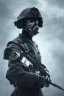 Placeholder: All black German soldier, wearing high tech mask, white smoke, dark, rage, sorrow, high definition, ultra 8 k, volumetric lighting, blue fire, fog