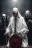 Placeholder: papež hraje v blackmetalové kapale na baskytaru, biskup hraje na bicí, kardinál na elektrickou kytaru a jeptiška řve do mikrofonu, ponurá atmosféra, veliký kontrast, hodně detailů, fotorealistické, RAW
