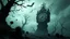 Placeholder: surreal dreamlike scene, nightmare on eart and in sky, midnight in the garden of death, some small black prickly balls on the earth and on sky, mystic gloomy, surreal dark shadows and pale light, stones, cracked eart, dark winter-like vibe, dark weird shapes floatings ,come strom , dark green moss, weird tall dark musroom, bats on sky, branch on eart,deep dark colors, dark twisting tendrils around big clock ,Clock Midnight, wind, fog, detailed, cinematic, Unity R