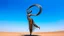 Placeholder: dancing sculpture of a wind-blown lady made of scrap metal and glass in the desert; |wind aesthetics, amazing reflections, wonderful textures, circular swoosh, dynamic, cinematic, dramatic, cam in motion, swirl dynamics, deep low angle, Katsuhiro Otomo style, summer heat, bright tone, sharp shadows, immersed in motion