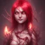 Placeholder: evil satanic girl, full body, smiling, crimson flaming hair, glowing veins, bloody dark cave background,