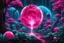 Placeholder: A vibrant pink and neon blue shower and tiny balls of energy, reminiscent of a nebula, set against among the dark silhouettes of plants , roots and trees, tiny metal ball robots floating and researches, cares plants, futuristic, etheral the essence of the energetic and captivating display, with the colors swirling throughout in the scene. digital art