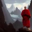 Placeholder: Portrait of a monk, red robe, mountain background, fog, grimdark, Frank Frazetta, Greg Rutkowski, hyperdetailed, dnd, trending on Artstation, Splash screen art, dynamic lighting, hyperdetailed, intricately detailed, a masterpiece, 8k resolution