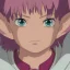 Placeholder: An elf, with crystal blue eyes, and magenta hair, teardrop shaped eyebrows, woman, angry expression