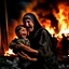 Placeholder: A Palestinian woman wearing the Palestinian dress carries her dead son as she screams and cries at night, with explosions in refugee tents behind her.